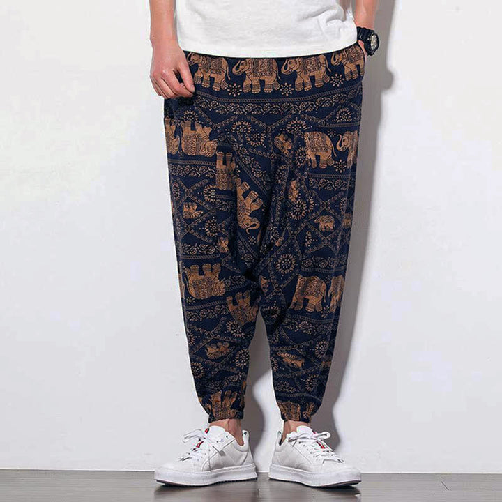 Buddha Stones Elephant Braun Schwarz Print Herren Lange Cropped Haremshose mit Taschen - image 6