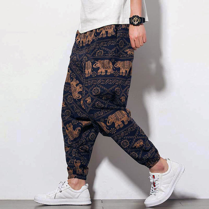 Buddha Stones Elephant Braun Schwarz Print Herren Lange Cropped Haremshose mit Taschen - image 5