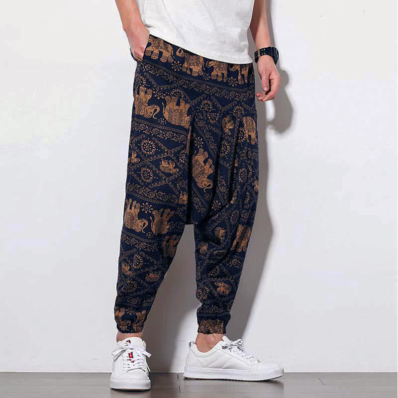 Buddha Stones Elephant Braun Schwarz Print Herren Lange Cropped Haremshose mit Taschen - image 8