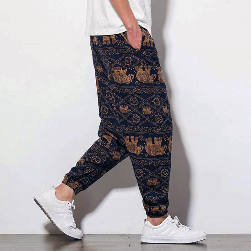 Buddha Stones Elephant Braun Schwarz Print Herren Lange Cropped Haremshose mit Taschen - image 4