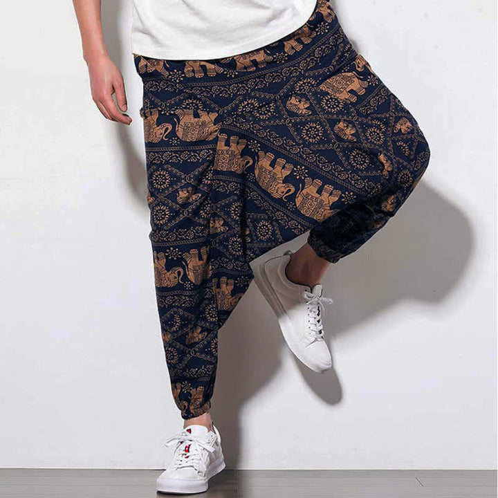Buddha Stones Elephant Braun Schwarz Print Herren Lange Cropped Haremshose mit Taschen - image 7