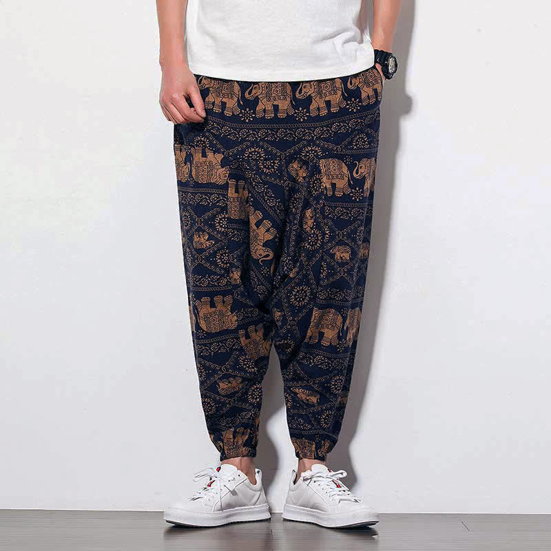 Buddha Stones Elephant Braun Schwarz Print Herren Lange Cropped Haremshose mit Taschen - image 1