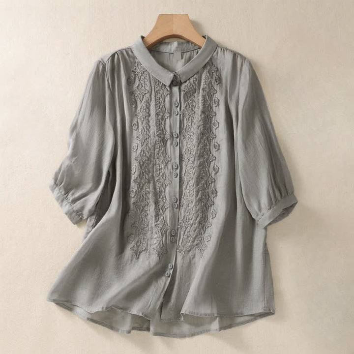 Buddha Stones ​​Sommer-Damenbluse, schlicht, mit Knopfleiste, Stickerei und Blumenmuster, Dreiviertelärmel, Reverskragen - Dunkelgrau - US 8-10, UK/AU 12-14, EU 40-42 (2XL) - image 13