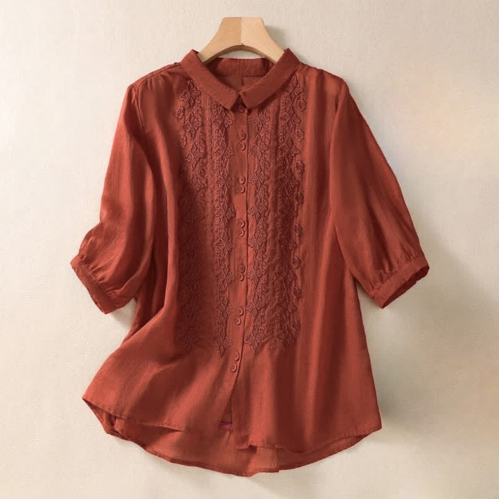 Buddha Stones ​​Sommer-Damenbluse, schlicht, mit Knopfleiste, Stickerei und Blumenmuster, Dreiviertelärmel, Reverskragen - Rot - US 8-10, UK/AU 12-14, EU 40-42 (2XL) - image 19