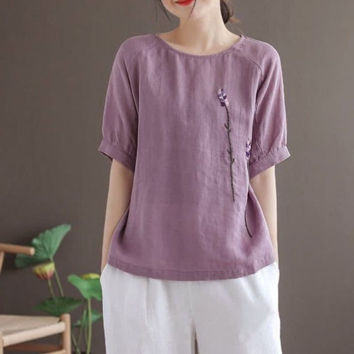 Buddha Stones Sommer Vintage besticktes Blumenmuster Damen Rundhals-T-Shirt - image 2