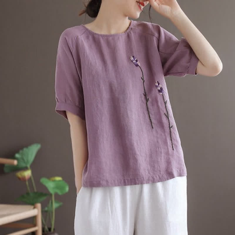 Buddha Stones Sommer Vintage besticktes Blumenmuster Damen Rundhals-T-Shirt - image 1