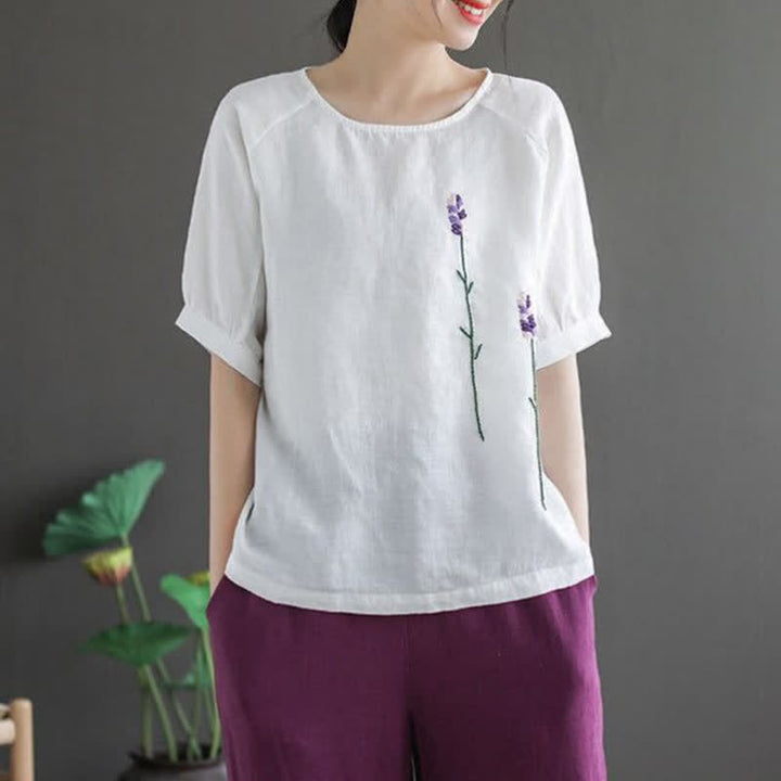 Buddha Stones Sommer Vintage besticktes Blumenmuster Damen Rundhals-T-Shirt - Weiß - US 8-10, UK/AU 12-14, EU 40-42 (2XL) - image 11