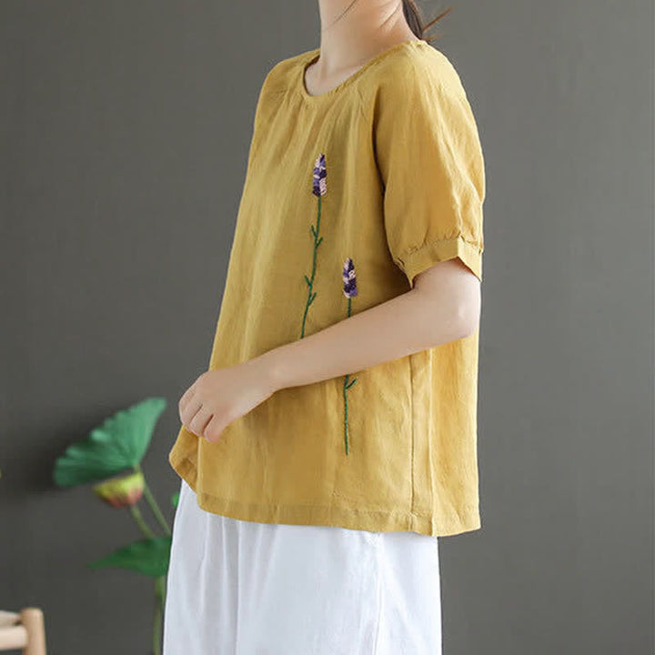 Buddha Stones Sommer Vintage besticktes Blumenmuster Damen Rundhals-T-Shirt - image 7