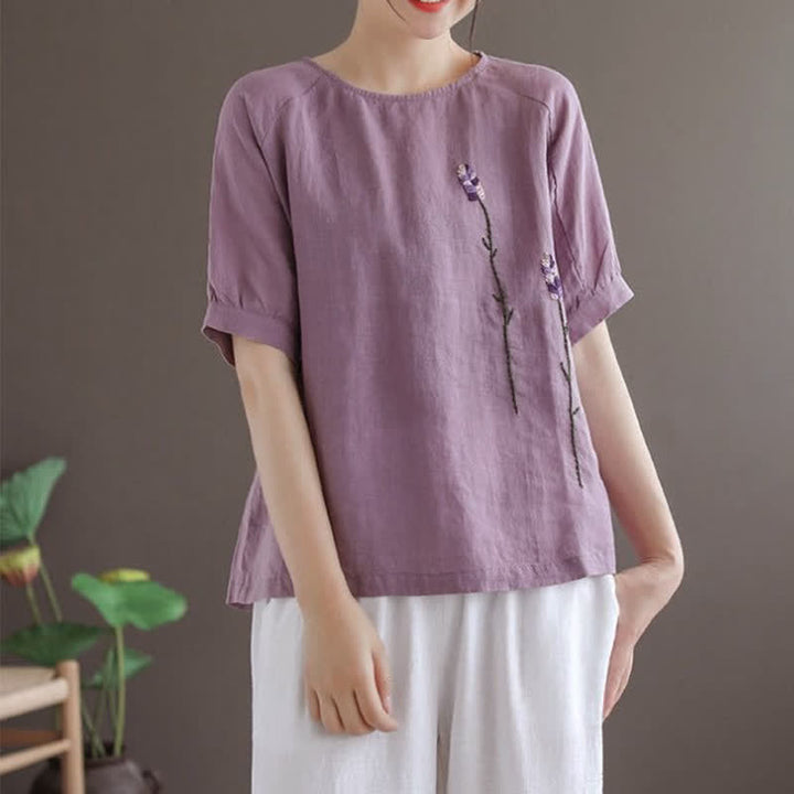Buddha Stones Sommer Vintage besticktes Blumenmuster Damen Rundhals-T-Shirt - image 3