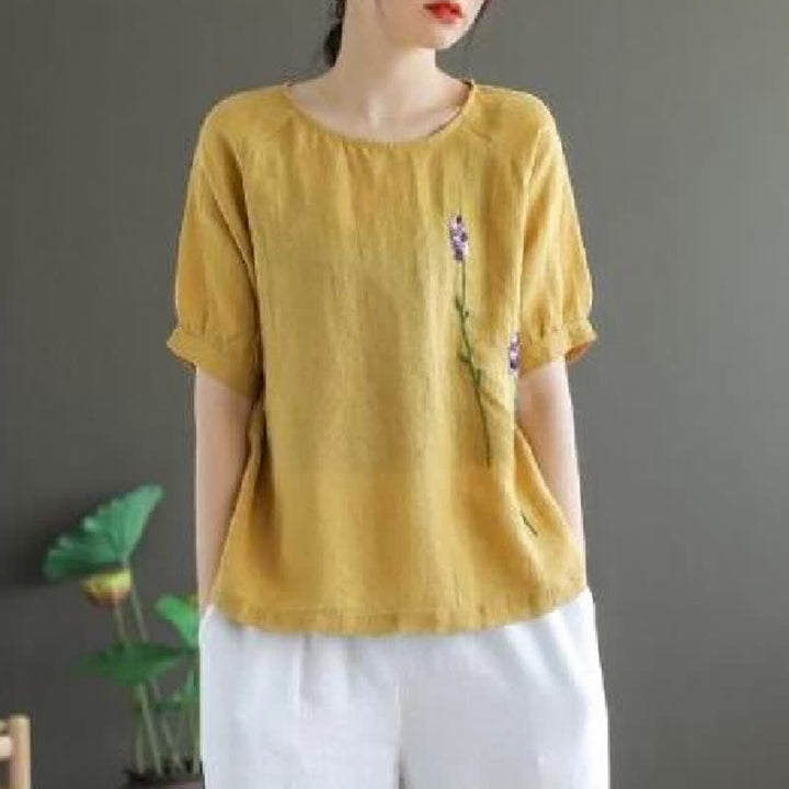 Buddha Stones Sommer Vintage besticktes Blumenmuster Damen Rundhals-T-Shirt - Khaki - US 8-10, UK/AU 12-14, EU 40-42 (2XL) - image 5