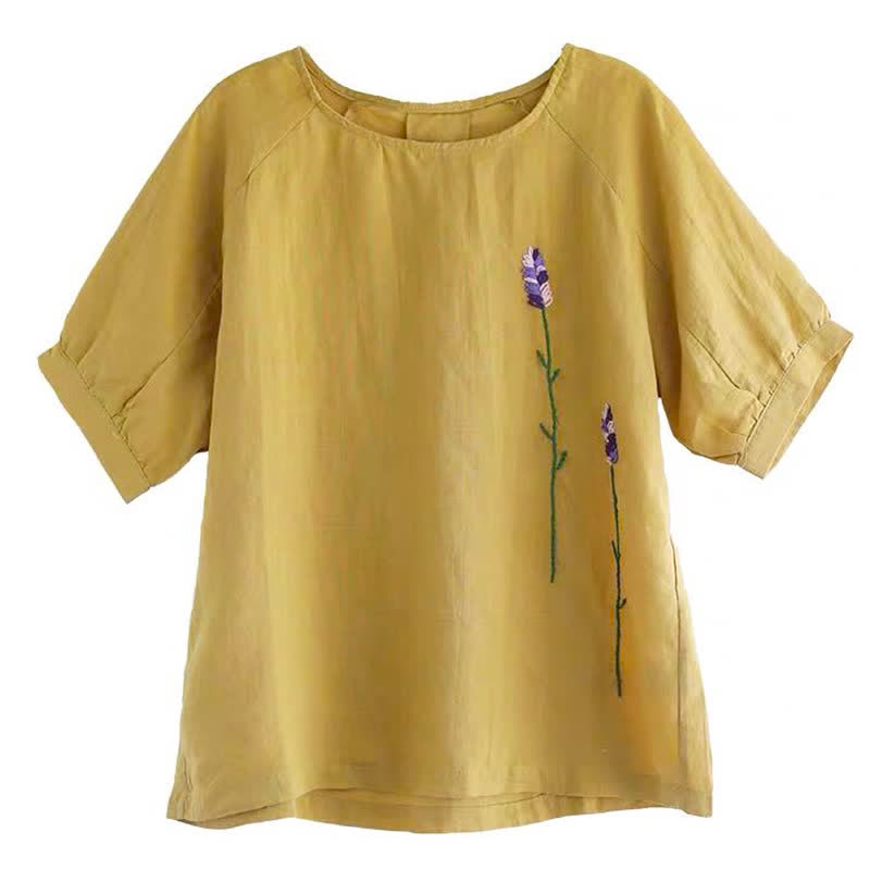 Buddha Stones Sommer Vintage besticktes Blumenmuster Damen Rundhals-T-Shirt - image 10