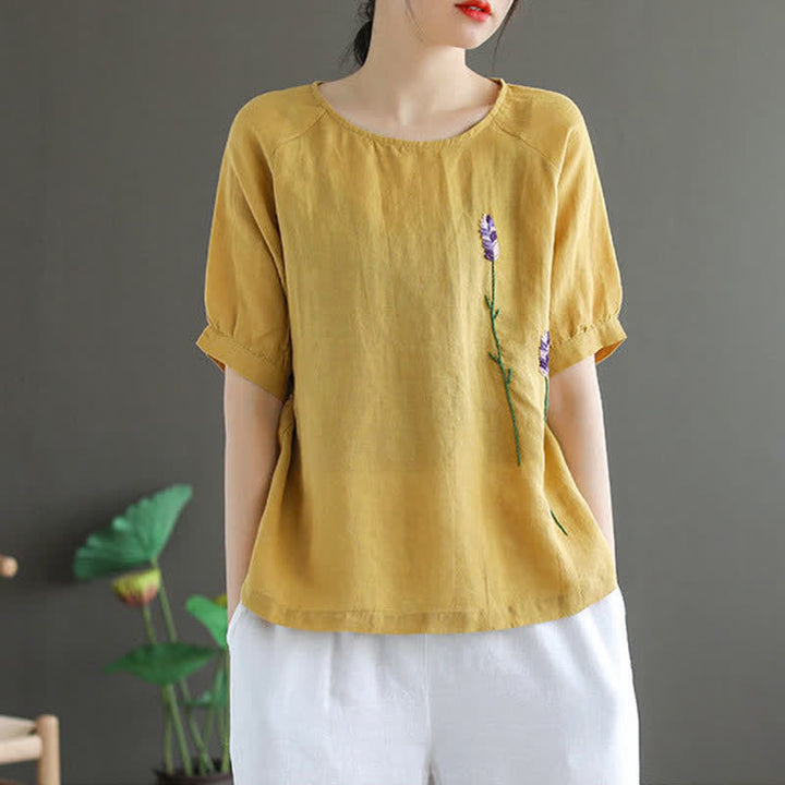 Buddha Stones Sommer Vintage besticktes Blumenmuster Damen Rundhals-T-Shirt - image 8