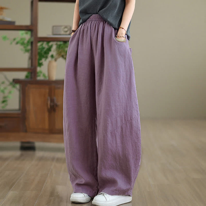 Buddha Stones Freizeithose aus schlichter Baumwolle für Damen mit weitem Bein und Taschen - image 1