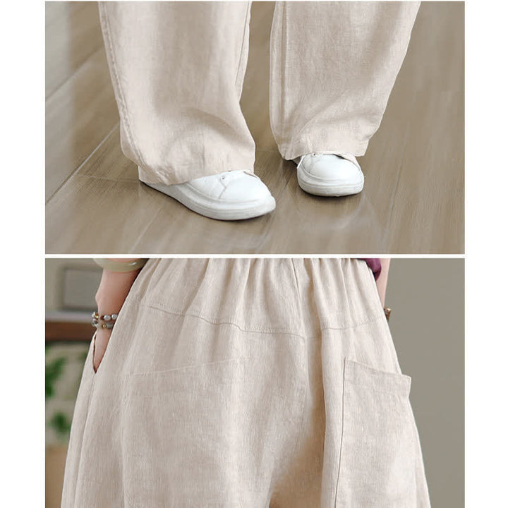 Buddha Stones Freizeithose aus schlichter Baumwolle für Damen mit weitem Bein und Taschen - image 16