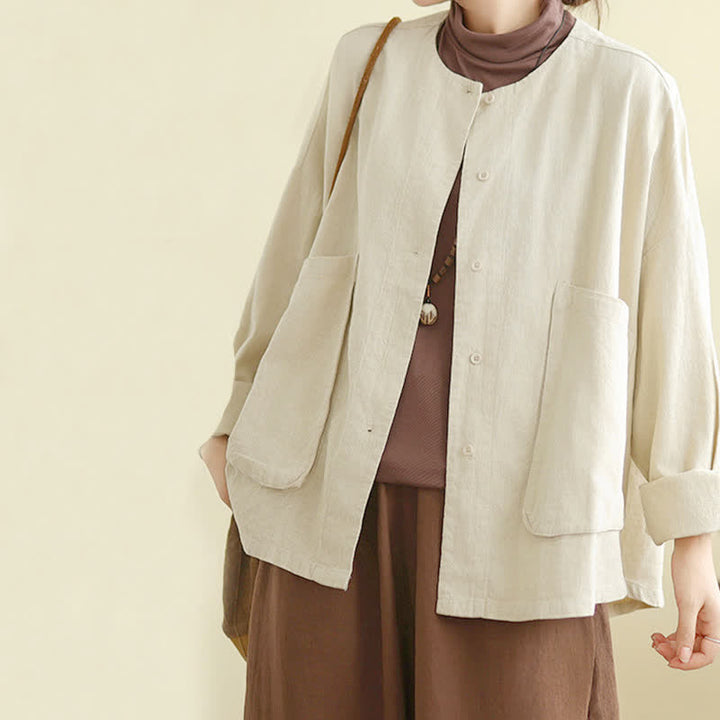 Schlichte Damenjacke mit Buddha Stones -Motiv, langen Ärmeln und Taschen - image 3