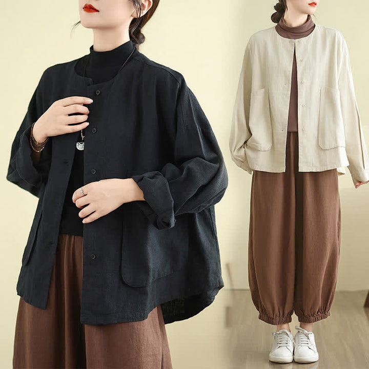 Schlichte Damenjacke mit Buddha Stones -Motiv, langen Ärmeln und Taschen - image 17