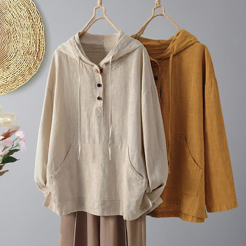 Buddha Stones Damen-Kapuzenpullover mit schlichtem Knopfdesign, langen Ärmeln und Taschen - image 12