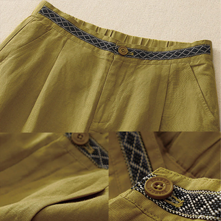 Buddha Stones Sommer Einfarbige 7-8 Länge Damen Weite Bein Cropped Hose mit Taschen Reißverschluss - image 3