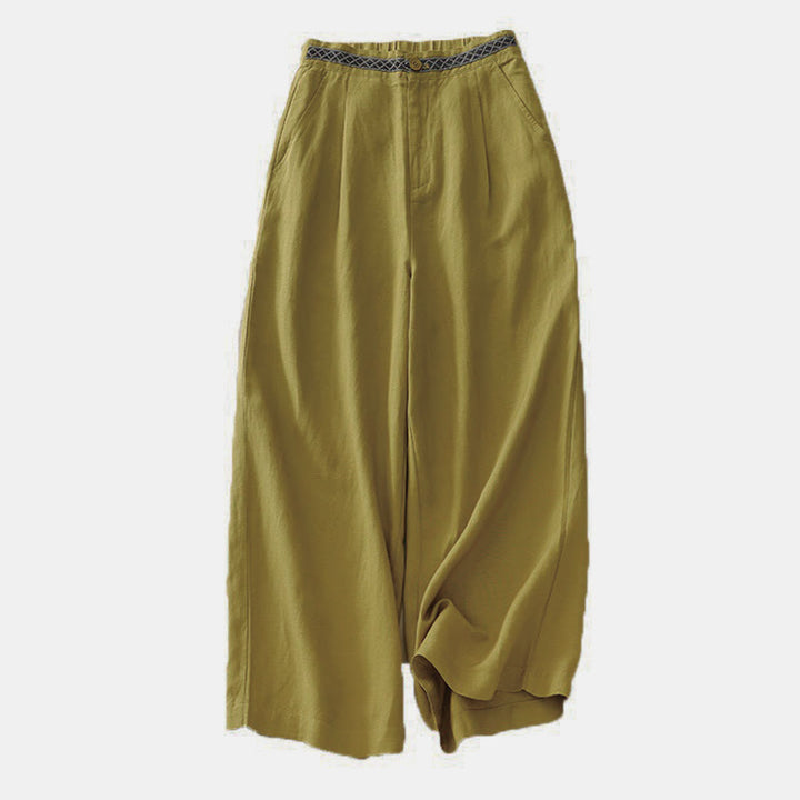 Buddha Stones Sommer Einfarbige 7-8 Länge Damen Weite Bein Cropped Hose mit Taschen Reißverschluss - image 4