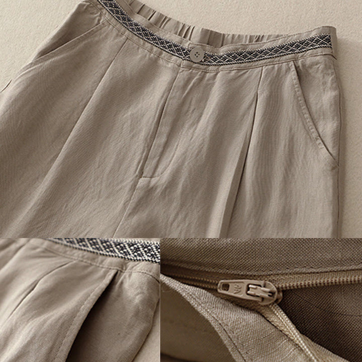 Buddha Stones Sommer Einfarbige 7-8 Länge Damen Weite Bein Cropped Hose mit Taschen Reißverschluss - image 14