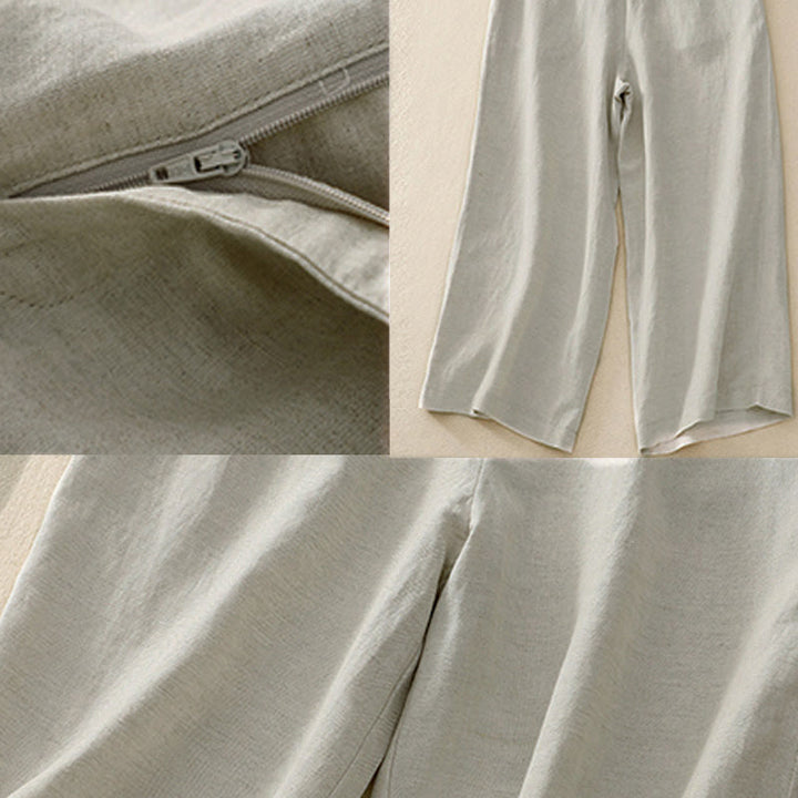 Buddha Stones Sommer Einfarbige 7-8 Länge Damen Weite Bein Cropped Hose mit Taschen Reißverschluss - image 10