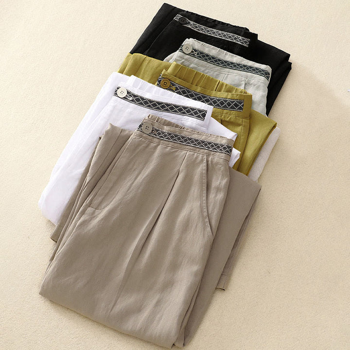 Buddha Stones Sommer Einfarbige 7-8 Länge Damen Weite Bein Cropped Hose mit Taschen Reißverschluss - image 24