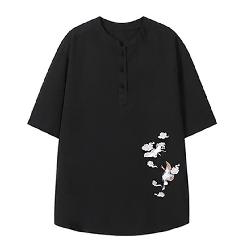 Buddha Stones Sommerliches Tang Style Casual Herren Kurzarmhemd mit Stehkragen und Kranichstickerei – Kurzarmhemden mit Stehkragen und Kranichmotiv - image 15