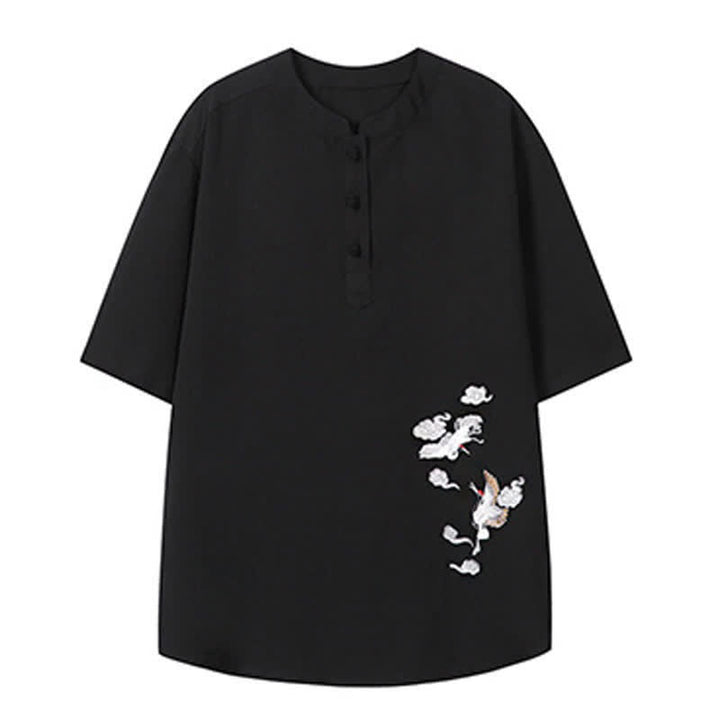 Buddha Stones Sommerliches Tang Style Casual Herren Kurzarmhemd mit Stehkragen und Kranichstickerei – Kurzarmhemden mit Stehkragen und Kranichmotiv - image 15