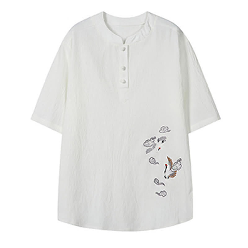 Buddha Stones Sommerliches Tang Style Casual Herren Kurzarmhemd mit Stehkragen und Kranichstickerei – Kurzarmhemden mit Stehkragen und Kranichmotiv - image 3