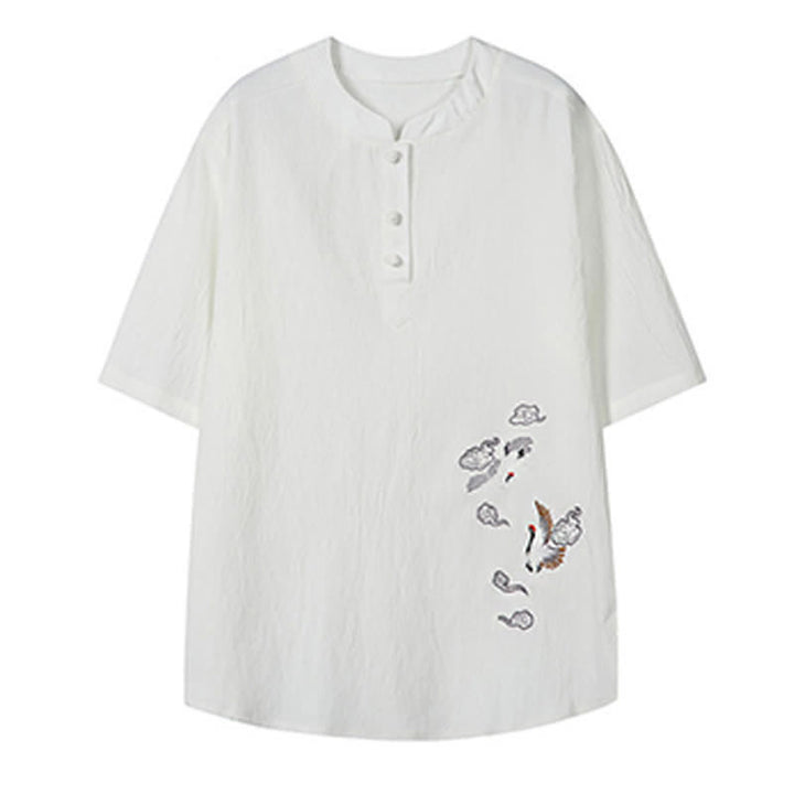 Buddha Stones Sommerliches Tang Style Casual Herren Kurzarmhemd mit Stehkragen und Kranichstickerei – Kurzarmhemden mit Stehkragen und Kranichmotiv - image 3