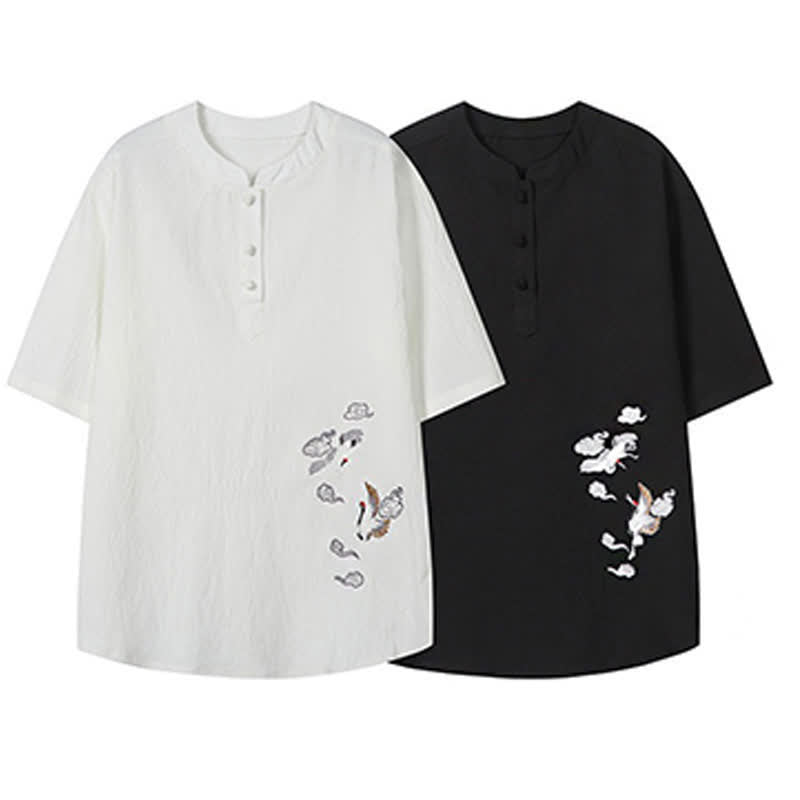 Buddha Stones Sommerliches Tang Style Casual Herren Kurzarmhemd mit Stehkragen und Kranichstickerei – Kurzarmhemden mit Stehkragen und Kranichmotiv - image 17