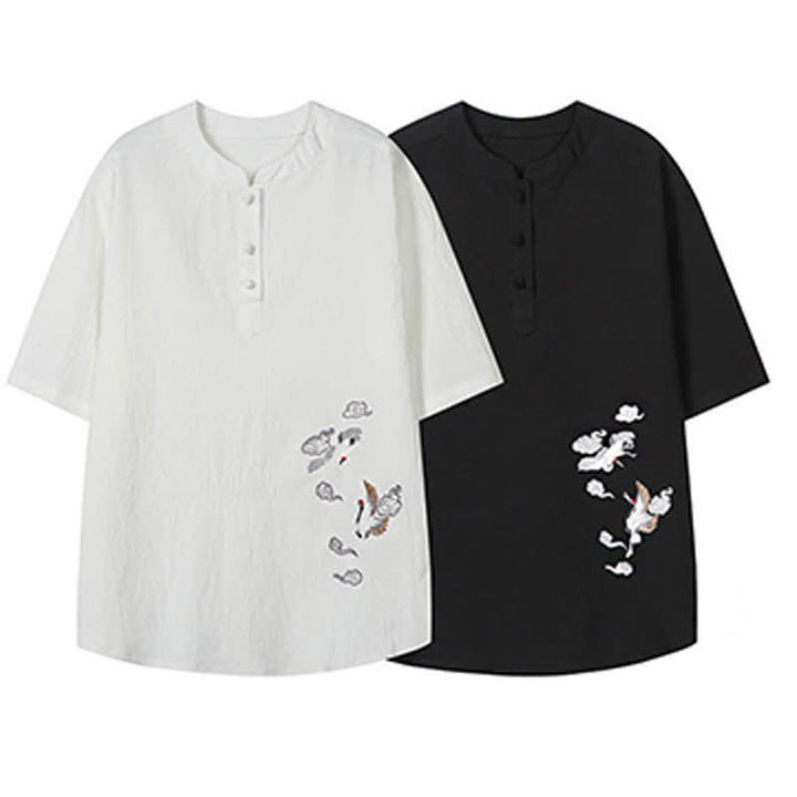 Buddha Stones Sommerliches Tang Style Casual Herren Kurzarmhemd mit Stehkragen und Kranichstickerei – Kurzarmhemden mit Stehkragen und Kranichmotiv - image 17