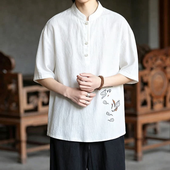 Buddha Stones Sommerliches Tang Style Casual Herren Kurzarmhemd mit Stehkragen und Kranichstickerei – Kurzarmhemden mit Stehkragen und Kranichmotiv - image 2