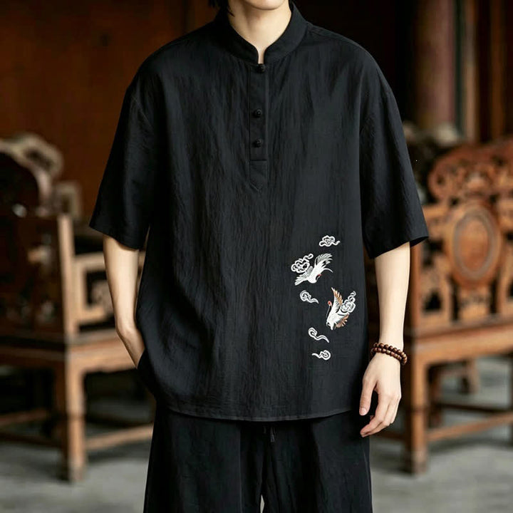 Buddha Stones Sommerliches Tang Style Casual Herren Kurzarmhemd mit Stehkragen und Kranichstickerei – Kurzarmhemden mit Stehkragen und Kranichmotiv - Schwarz - US/UK/AU48, EU58 (6XL) - image 12