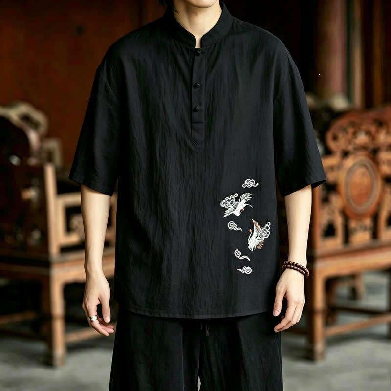 Buddha Stones Sommerliches Tang Style Casual Herren Kurzarmhemd mit Stehkragen und Kranichstickerei – Kurzarmhemden mit Stehkragen und Kranichmotiv - image 13