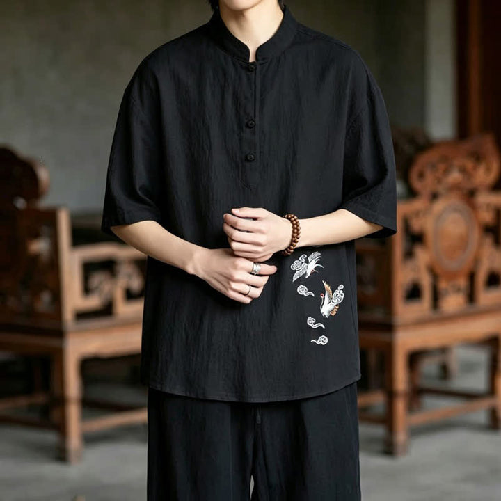 Buddha Stones Sommerliches Tang Style Casual Herren Kurzarmhemd mit Stehkragen und Kranichstickerei – Kurzarmhemden mit Stehkragen und Kranichmotiv - image 14