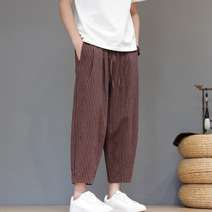 Buddha Stones Lässige, minimalistische Caprihose aus Baumwoll-Leinen-Mischgewebe mit Kordelzug und Streifenmuster, schmal zulaufende Herrenhose mit Tasche - image 18