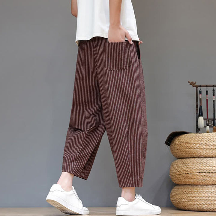 Buddha Stones Lässige, minimalistische Caprihose aus Baumwoll-Leinen-Mischgewebe mit Kordelzug und Streifenmuster, schmal zulaufende Herrenhose mit Tasche - image 20
