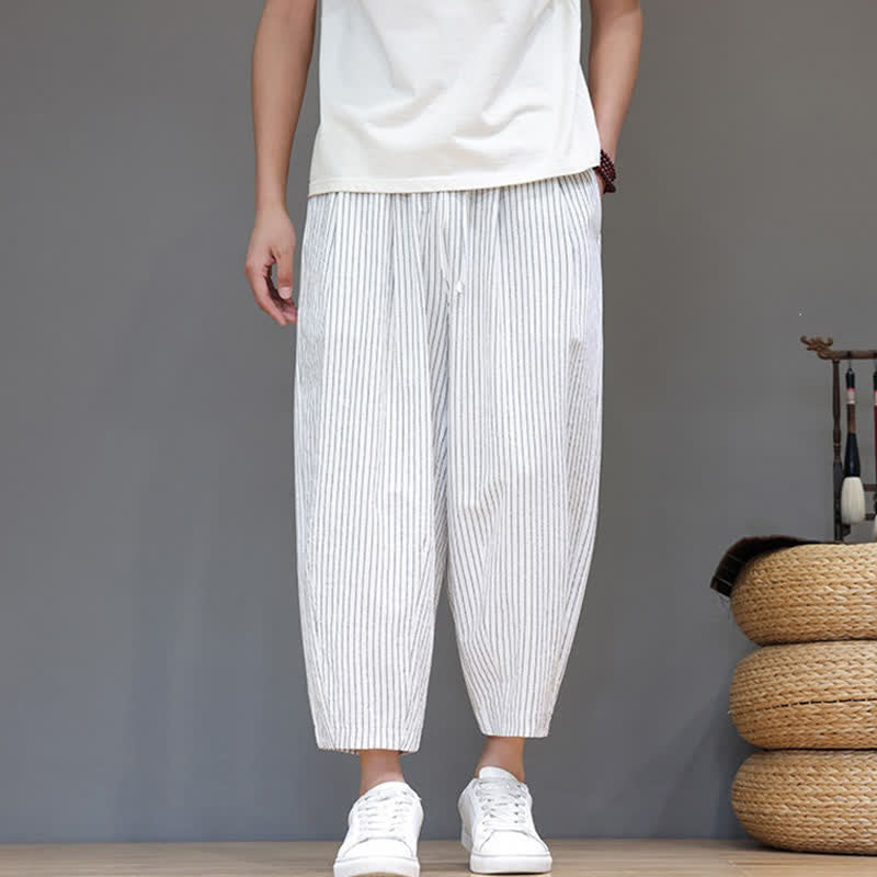 Buddha Stones Lässige, minimalistische Caprihose aus Baumwoll-Leinen-Mischgewebe mit Kordelzug und Streifenmuster, schmal zulaufende Herrenhose mit Tasche - image 27