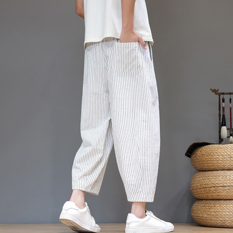 Buddha Stones Lässige, minimalistische Caprihose aus Baumwoll-Leinen-Mischgewebe mit Kordelzug und Streifenmuster, schmal zulaufende Herrenhose mit Tasche - image 28