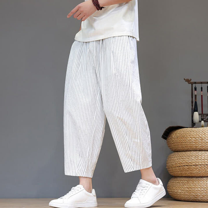 Buddha Stones Lässige, minimalistische Caprihose aus Baumwoll-Leinen-Mischgewebe mit Kordelzug und Streifenmuster, schmal zulaufende Herrenhose mit Tasche - Weiß - US/UK/AU46, EU56 (5XL) - image 25