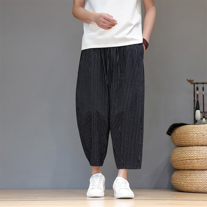 Buddha Stones Lässige, minimalistische Caprihose aus Baumwoll-Leinen-Mischgewebe mit Kordelzug und Streifenmuster, schmal zulaufende Herrenhose mit Tasche - image 12