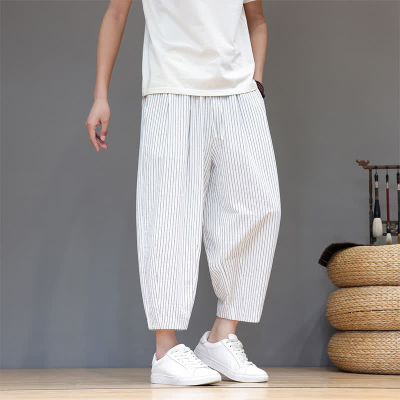 Buddha Stones Lässige, minimalistische Caprihose aus Baumwoll-Leinen-Mischgewebe mit Kordelzug und Streifenmuster, schmal zulaufende Herrenhose mit Tasche - image 30