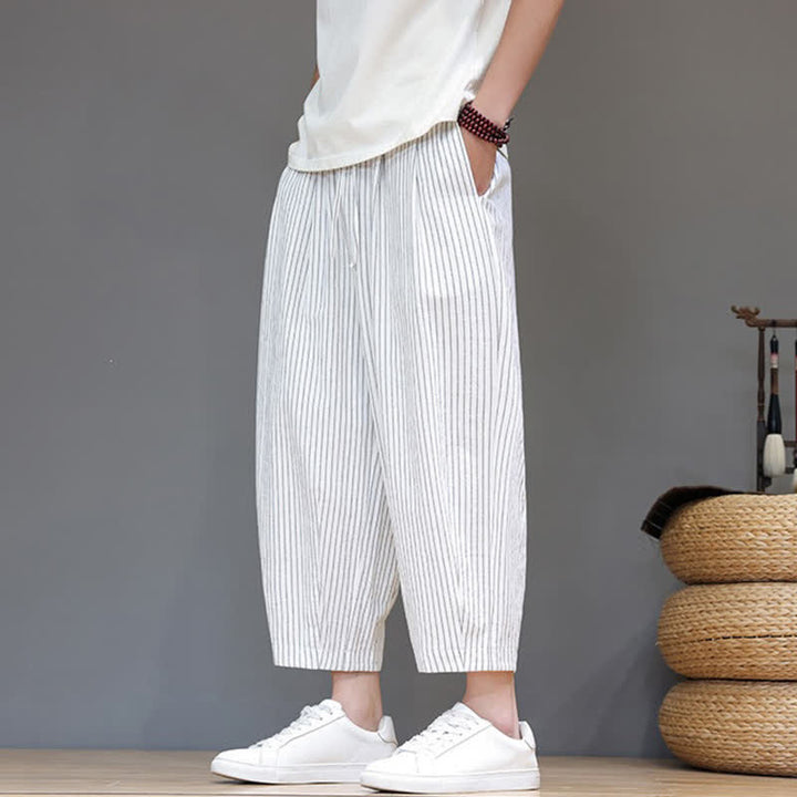 Buddha Stones Lässige, minimalistische Caprihose aus Baumwoll-Leinen-Mischgewebe mit Kordelzug und Streifenmuster, schmal zulaufende Herrenhose mit Tasche - image 29