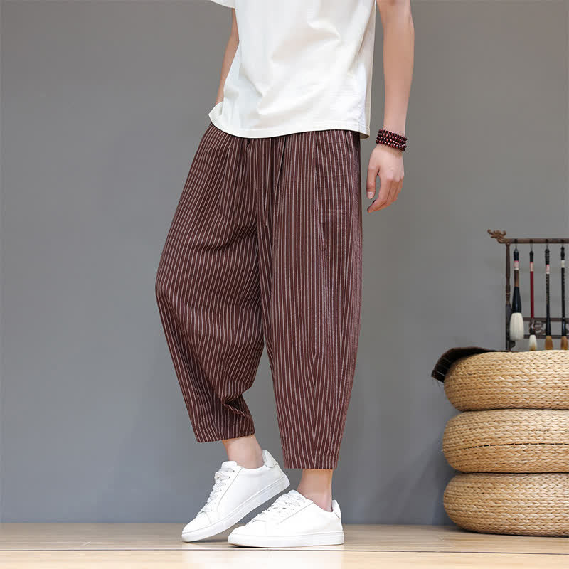 Buddha Stones Lässige, minimalistische Caprihose aus Baumwoll-Leinen-Mischgewebe mit Kordelzug und Streifenmuster, schmal zulaufende Herrenhose mit Tasche - image 23