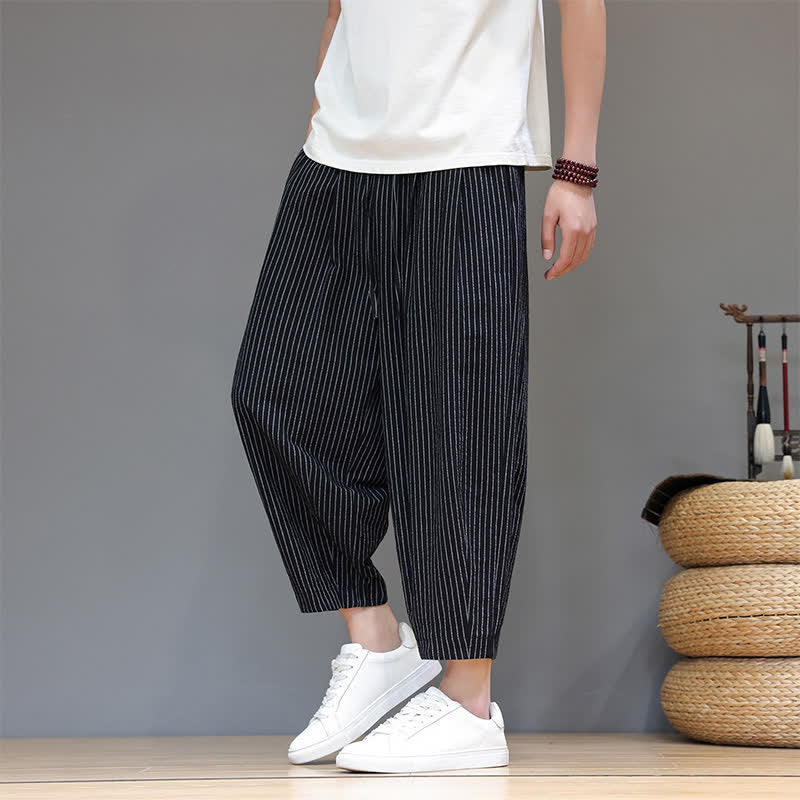 Buddha Stones Lässige, minimalistische Caprihose aus Baumwoll-Leinen-Mischgewebe mit Kordelzug und Streifenmuster, schmal zulaufende Herrenhose mit Tasche - image 15