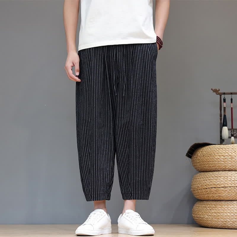 Buddha Stones Lässige, minimalistische Caprihose aus Baumwoll-Leinen-Mischgewebe mit Kordelzug und Streifenmuster, schmal zulaufende Herrenhose mit Tasche - image 9