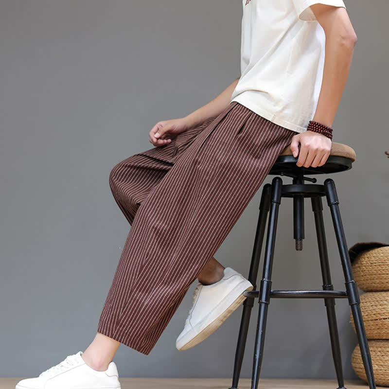 Buddha Stones Lässige, minimalistische Caprihose aus Baumwoll-Leinen-Mischgewebe mit Kordelzug und Streifenmuster, schmal zulaufende Herrenhose mit Tasche - image 24