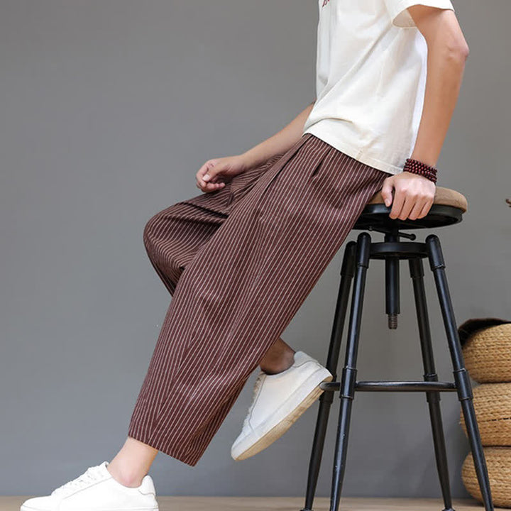 Buddha Stones Lässige, minimalistische Caprihose aus Baumwoll-Leinen-Mischgewebe mit Kordelzug und Streifenmuster, schmal zulaufende Herrenhose mit Tasche - image 24