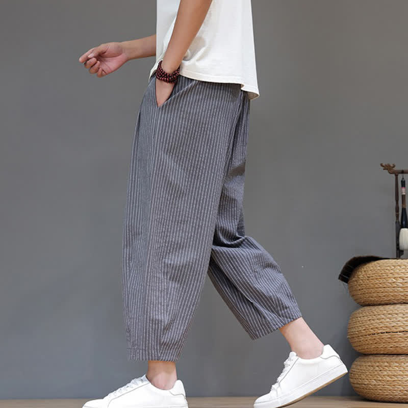 Buddha Stones Lässige, minimalistische Caprihose aus Baumwoll-Leinen-Mischgewebe mit Kordelzug und Streifenmuster, schmal zulaufende Herrenhose mit Tasche - image 6